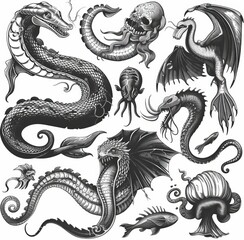 Obraz premium Maritime map of ancient sea serpents, dragons, and leviathans. Legendary beasts of the deep ocean engraved on modern maps. Some vintage maritime elements hand-drawn.