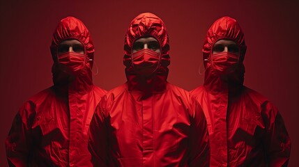 Three People In Red Hazmat Suits