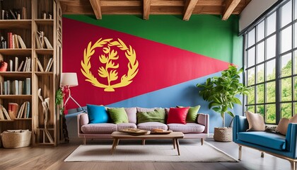 The flag of Eritrea hangs in the living room at home. The flag is in house.