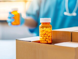 close-up of orange pill bottle on cardboard box with blurred medical professional in background.