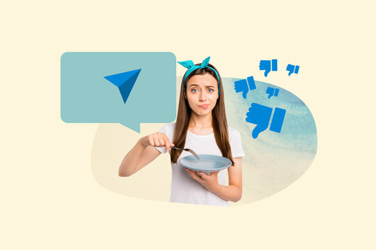 Creative photo collage young girl hungry eat dish plate fork telegram message sent app network internet thumb down social media