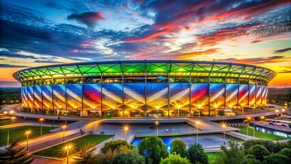 Obraz premium Colorful football stadium at dusk with bright illuminations showcasing giant logo of upcoming European football championship in Germany.