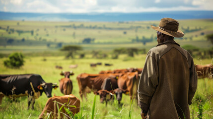 Portrait of an adult farmer standing in a pasture with cows. An experienced agronomist takes care of livestock and land in an agricultural field. Agriculture concept.