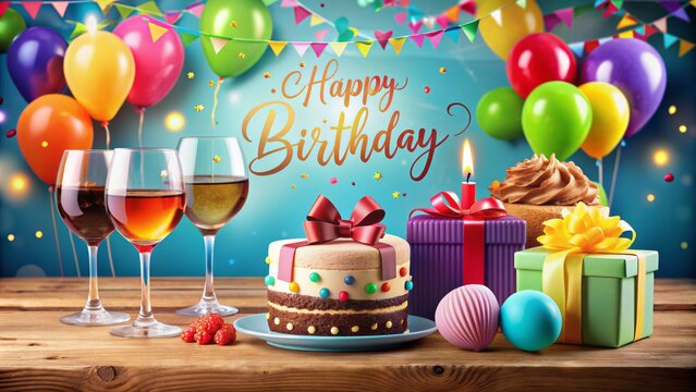 Vibrant colorful celebration elements set featuring wine, gift box, cake, and balloons surrounding happy birthday text for festive invitation design.