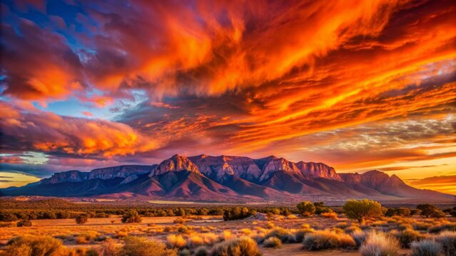 Vibrant orange and pink hues dance across the sky as the Sandia Mountains silhouette against a tranquil New Mexico landscape.