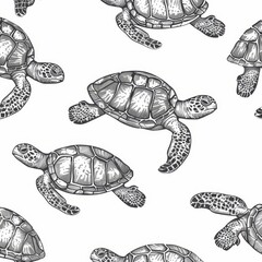 Fototapeta premium This seamless pattern depicts sea turtles, terrapins, and tortoises with their shells, flippers, and heads. This background is hand drawn and designed with turtle reptile sketches.
