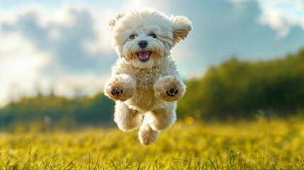 A cute white bichon frise dog is jumping on a green meadow on a sunny day