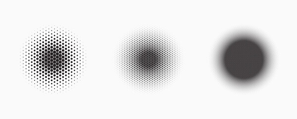 Set of dotted abstract shapes. Hexagonal halftone pattern. Half tone design elements in geometric tech style for logo, banner, web page, print, poster, business cards and template.