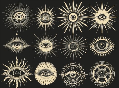 Illuminati eye of Providence. Esoteric occult symbols, mason tattoos with all seeing eye of God, engraver's mark, magic triangle, and light rays. Freemasonry, spiritual and alchemical symbols.