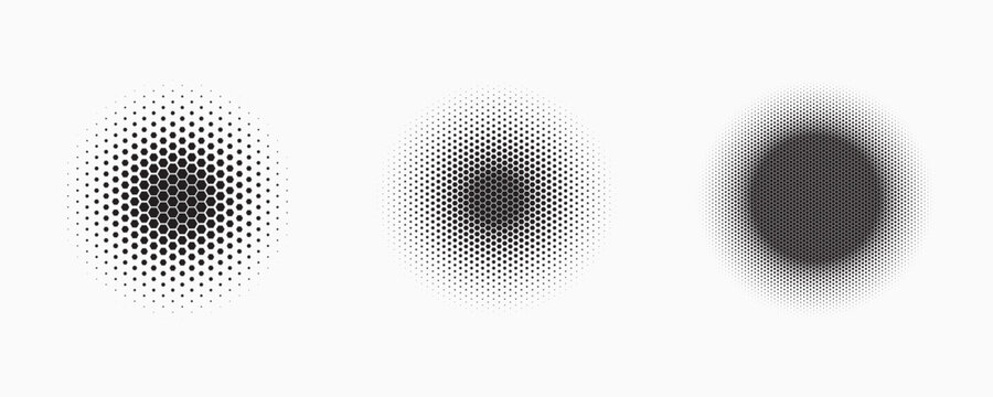 Set of dotted abstract shapes. Hexagonal halftone pattern. Half tone design elements in geometric tech style for logo, banner, web page, print, poster, business cards and template.