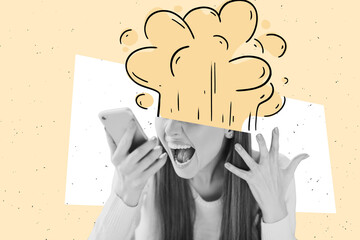 Creative image collage young aggressive girl shout scream cellphone call blame fired argument...