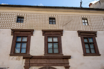 Sgraffito wall decor on the facade of historical building.Banska Stiavnica,Slovakia.High quality photo
