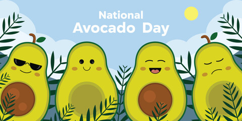 National Avocado Day. Avocado, glasses, cloud and more. Great for cards, banners, posters, social media and more. Blue background. 