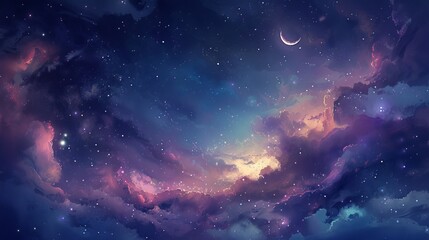 Fototapeta premium Crescent moon shining over clouds in a starry night sky