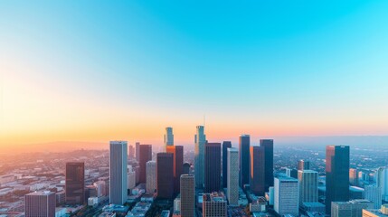 los angeles skyline panorama at sunset with vibrant colors and cityscape details.