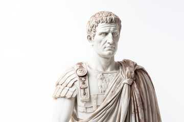 Roman bust sculpture on a white background. Topics related to ancient Rome. Roman civilization. Roman warlord. Archaeological discovery. Isolated image	
