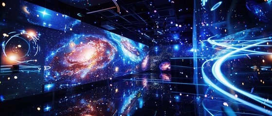 A holographic display showcasing a rotating galaxy