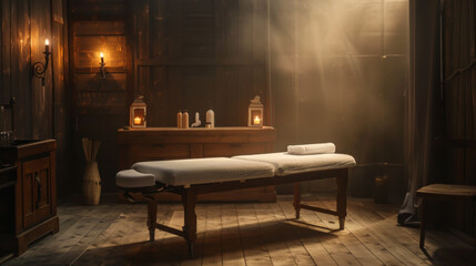 A wooden-style spa area with a massage table and a subdued atmosphere. Minimalist interior of a massage room. Vacation and design concept.
