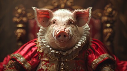 Pig wearing queen costume sitting on golden throne
