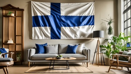 The flag of Finland hangs in the living room at home. The flag is in house.