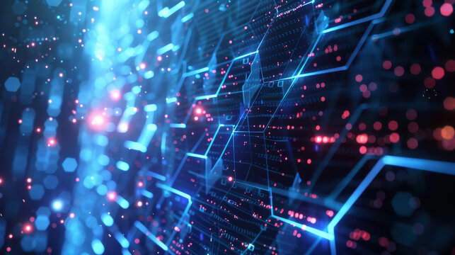 Immersive digital showcase for tech businesses, featuring abstract particle animations and a sleek hexagonal backdrop. Ideal for broadcasting presentations or showcasing innovative concepts.