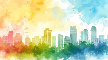 Colorful cityscape watercolor painting with vibrant hues.