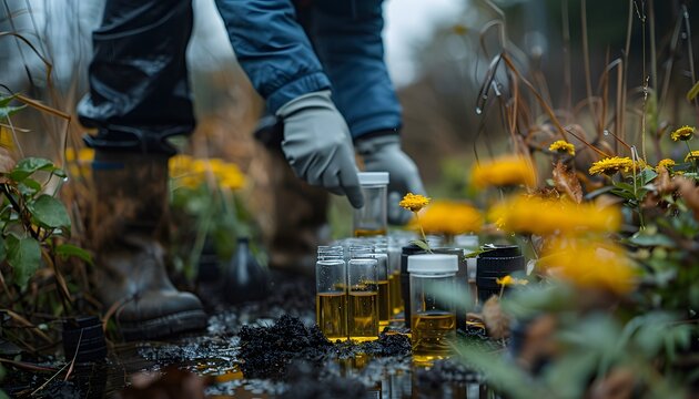 A person in blue gloves is collecting samples of water and soil in a muddy area with yellow flowers.
