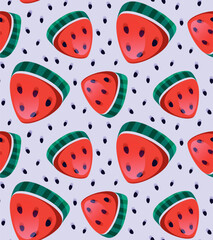 Seamless red watermelon slices, triangles pattern. Cute cartoon hand drawn illustration. Summer, fresh, juicy print. Textures for wallpaper, background, fabric.