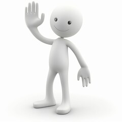 Fototapeta premium White figure illustration saying hello with hand, isolated on white background. Greeting or stop halt gesture. Happy