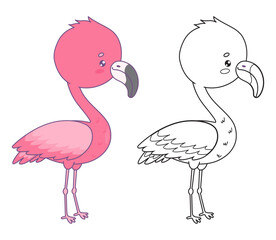 Cute pink flamingo bird set. Isolated color and outline cartoon kawaii animal character. Vector illustration. Kids collection