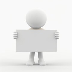 3D logo style human character holding a blank board sign for web advertising or messages. Copy space.