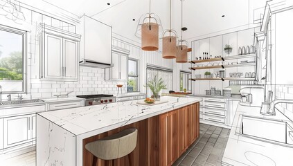 Modern kitchen with white marble wall panels and island bar, an interior design concept. Design plan mockup in white and color of luxury house