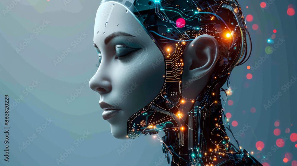 Poster a woman's face is shown with a computer chip in her head. the image is a representation of the futur