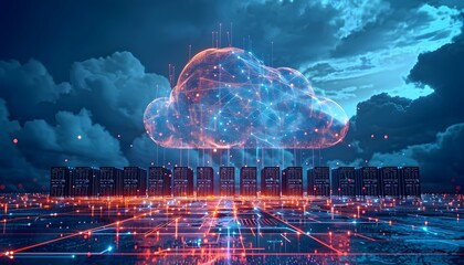 A glowing cloud in the night sky with a server farm below, representing cloud computing.
