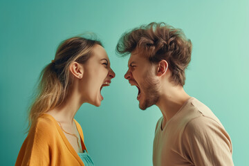 A man and a woman are quarreling and shouting at each other. Conflict in the family.