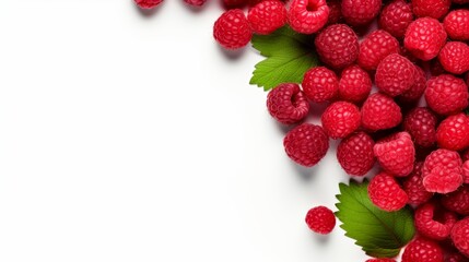 Fresh ripe raspberries with green leaves on white background, top view