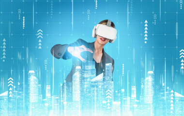 Caucasian architect wearing VR headsets and designing building construction. Professional civil engineer working and planning about house structure by using visual reality simulation. Contraption.