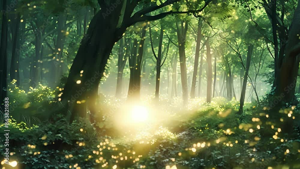 Poster in the enchanted forest tiny fireflies danced around the trees creating a ling light shower that enc