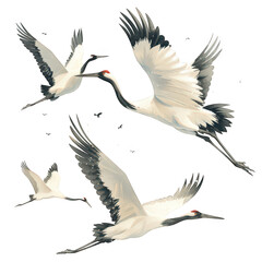 A digital illustration of three white-crowned cranes in flight against a white background