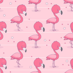 Obraz premium Seamless pattern with cute flamingo on pink striped background. Funny cartoon kawaii bird character. Vector illustration