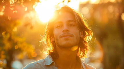 Fototapeta premium Portrait of a man walking at sunset. Beautiful woman enjoying sunny weather outside. Walking concept. Lifestyle.