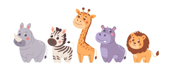 Childrens cute character. Safari animals set. Lion. Giraffe. Rhinoceros. Hippopotamus. Zebra