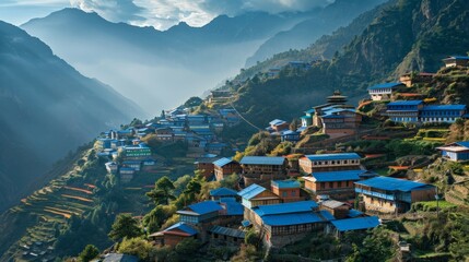 Obraz premium Panoramic view of a cliffside village with cascading terraces and bright blue roofs