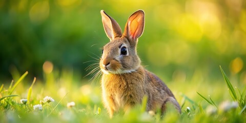 Fototapeta premium A cute brown rabbit in a field, Rabbit, Brown, Animal, Cute, Pet, Fluffy, Fur, Wildlife, Nature, Hare, Bunny, Grass, Outdoors