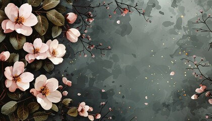 Watercolor floral frame with pink flowers on dark green background.