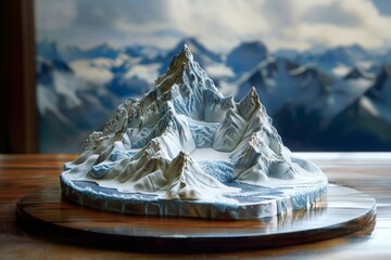 Obraz premium A detailed cake model crafted in the shape of a snow-capped mountain with a blurred mountain backdrop