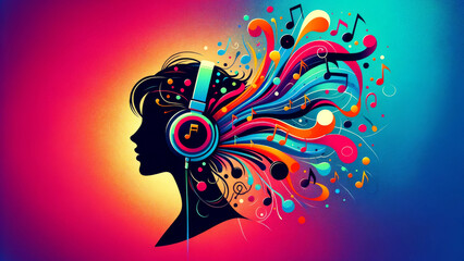 Abstract art: music notes flowing from headphones