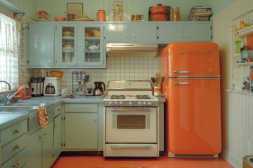 A vintage kitchen with an orange refrigerator, mint green cabinets, and a white oven