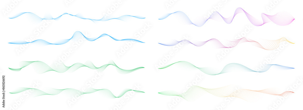 Poster set of dynamic smooth waves on a white background. sound energy flow concept. perfect for background