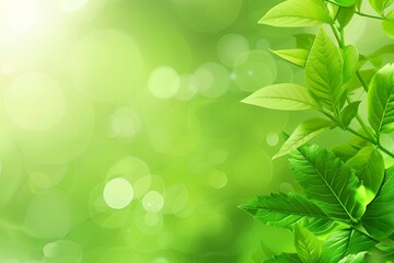 Naklejka premium Spring background with green leaves and blurred bokeh lights, spring nature concept banner template design. Stock photo with space for 2/3 text in the style of nature